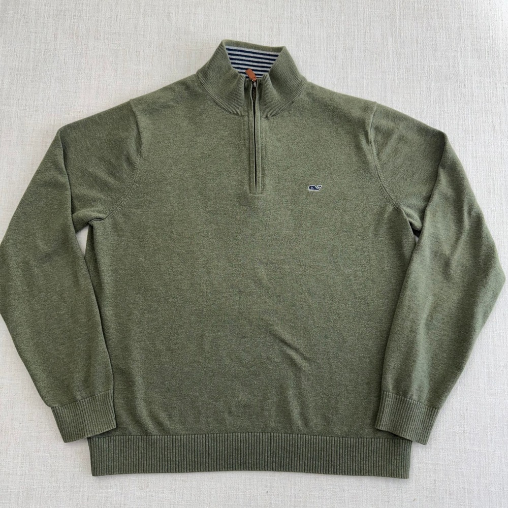 Vineyard Vines Mens Green Cotton Quarter Zip Sweater Whale Logo Size M